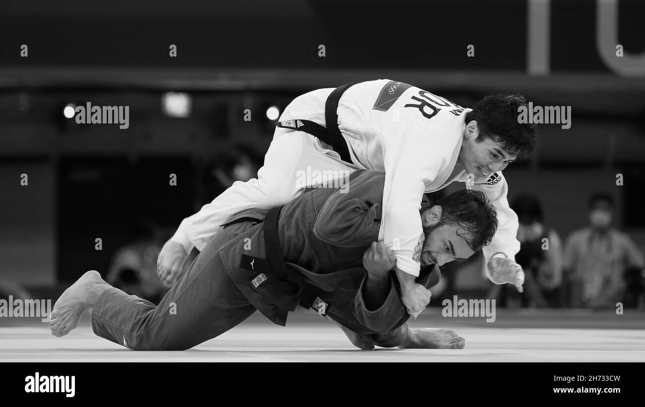 24th. JULI 2021 - TOKIO, JAPAN: Luka MKHEIDZE aus Frankreich (blau) gewinnt den Judo Men -60 kg Bronze Medal Contest bei den Olympischen Spielen 2020 in Tokio gegen K Stockfoto