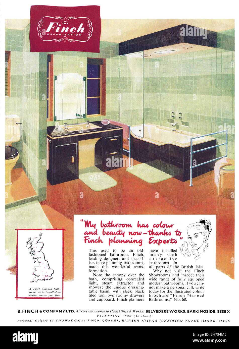 1951 Britische Werbung für Finch geplante Badezimmer. Stockfoto