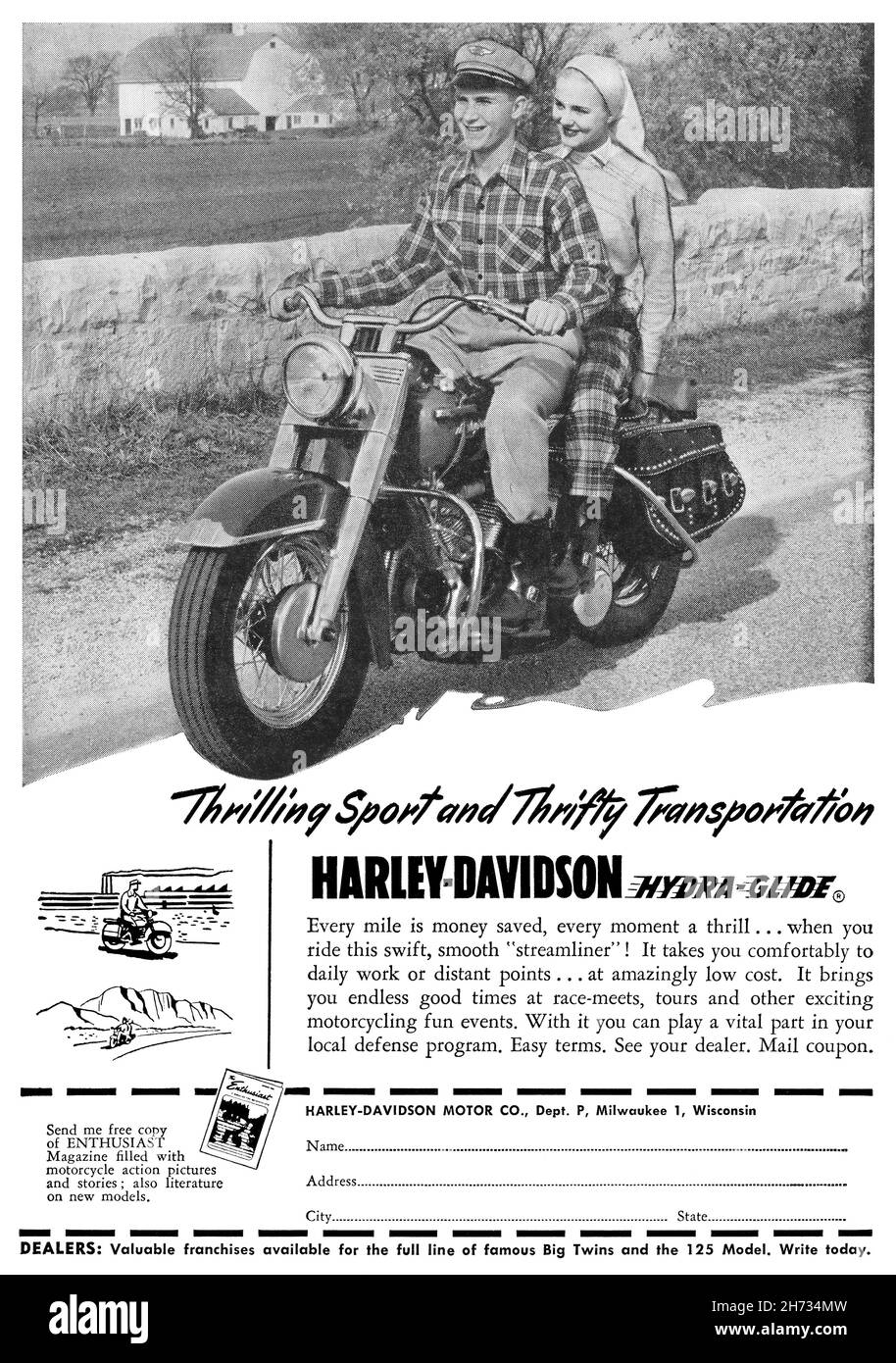 1951 US-Werbung für das Harley-Davidson Hydra-Glide Motorrad. Stockfoto