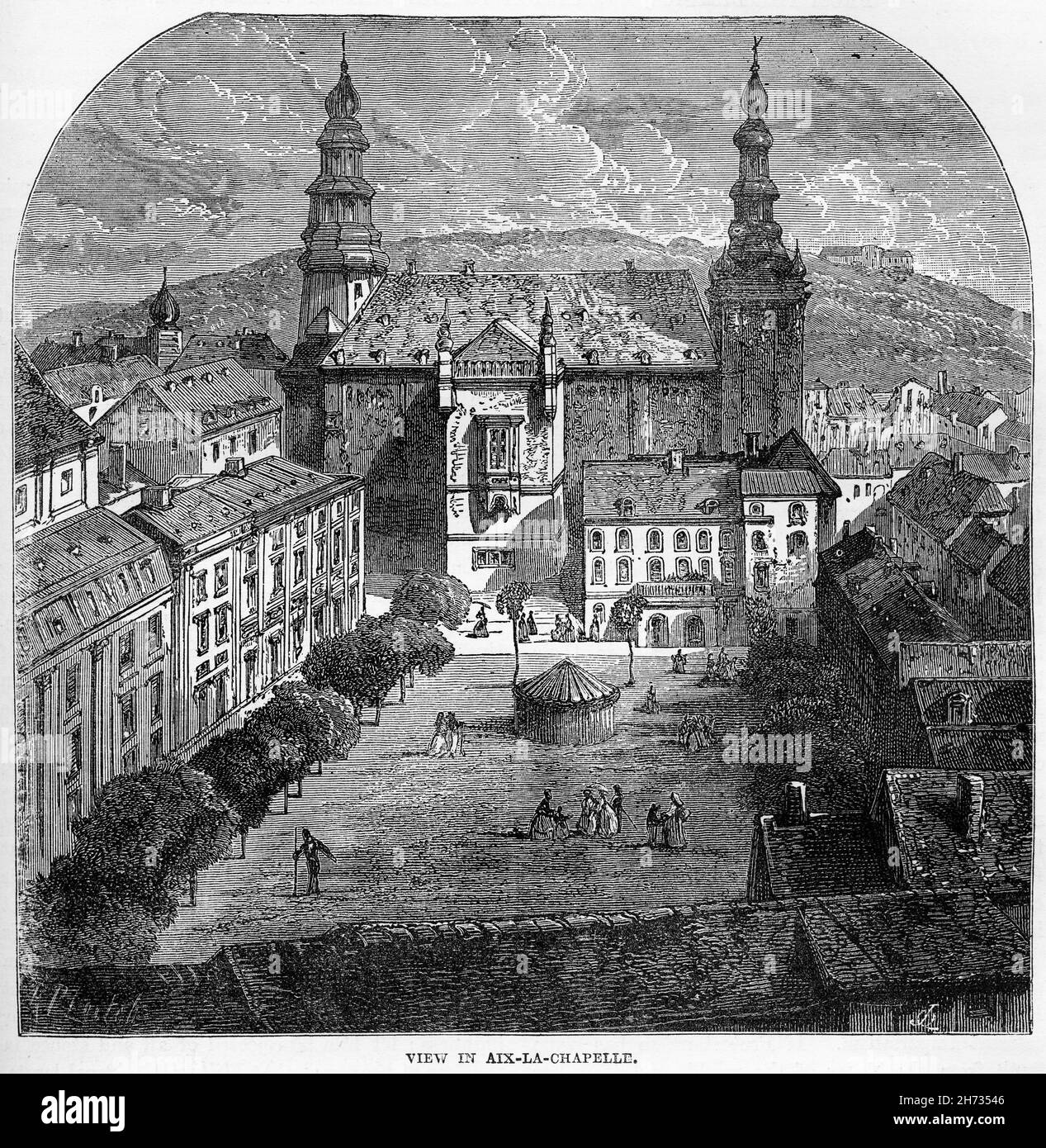 Stich von Aachen oder Aix-la-Chapelle im Jahre 1500s. Aachen ist heute die 13th größte Stadt in Nordrhein-Westfalen und die 28th größte Stadt Deutschlands. Stockfoto