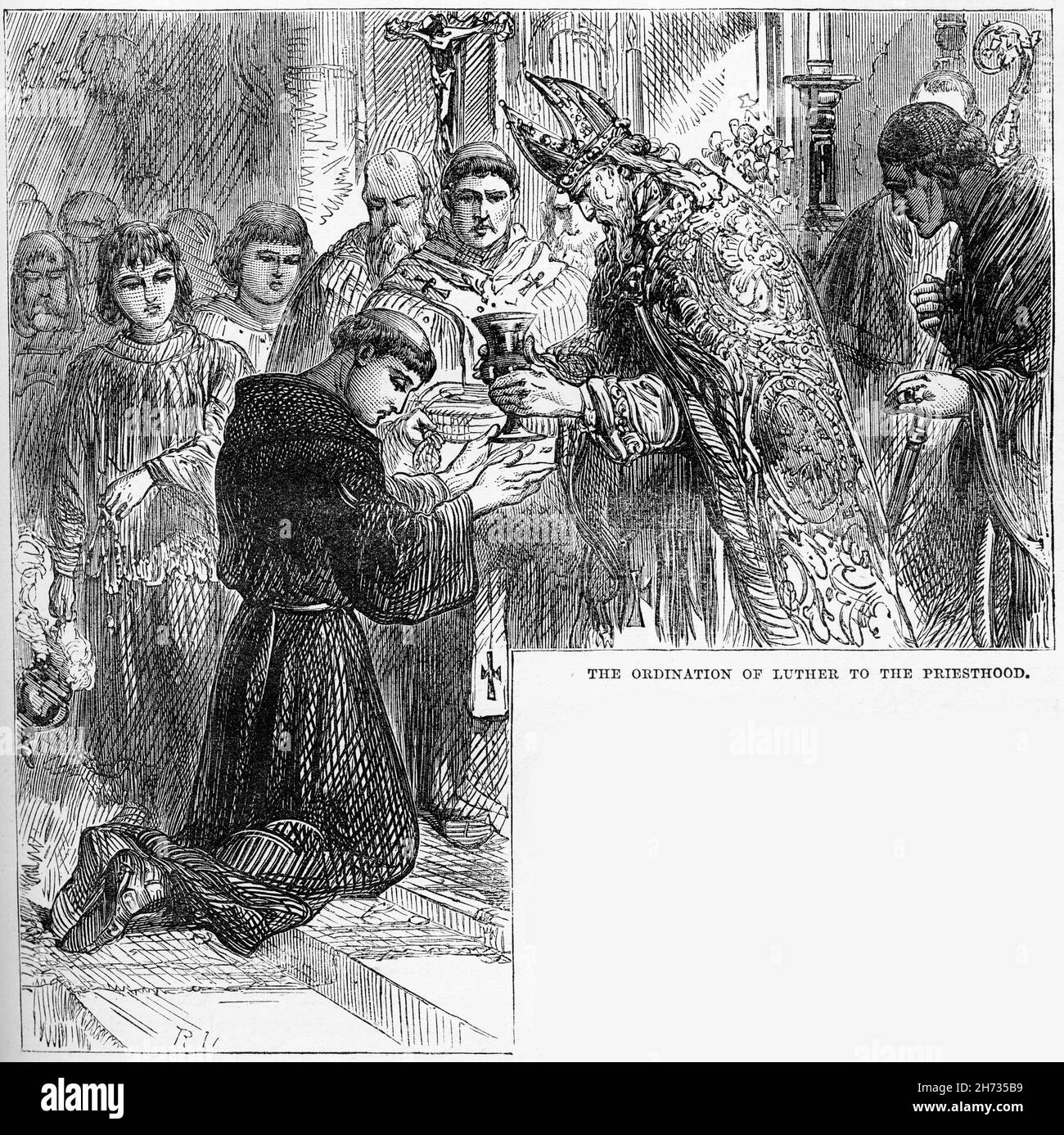 Stich der Priesterweihe Martin Luthers in der katholischen Kirche. Stockfoto