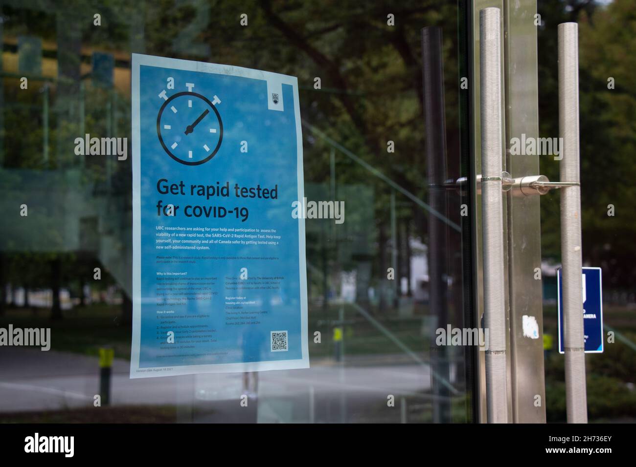 Vancouver, Kanada - 3. September 2021: Blick auf das Schild wird an der University of British Columbia auf Covid-19 getestet Stockfoto