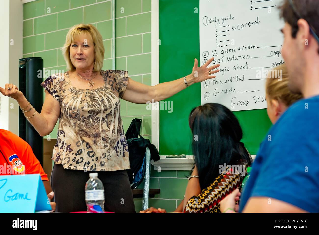 Ein Lehrer mit dem CHAMPS-Programm diskutiert einen Mathematikunterricht während einer professionellen Entwicklungsklasse für Mathematiklehrer des K-8. Stockfoto