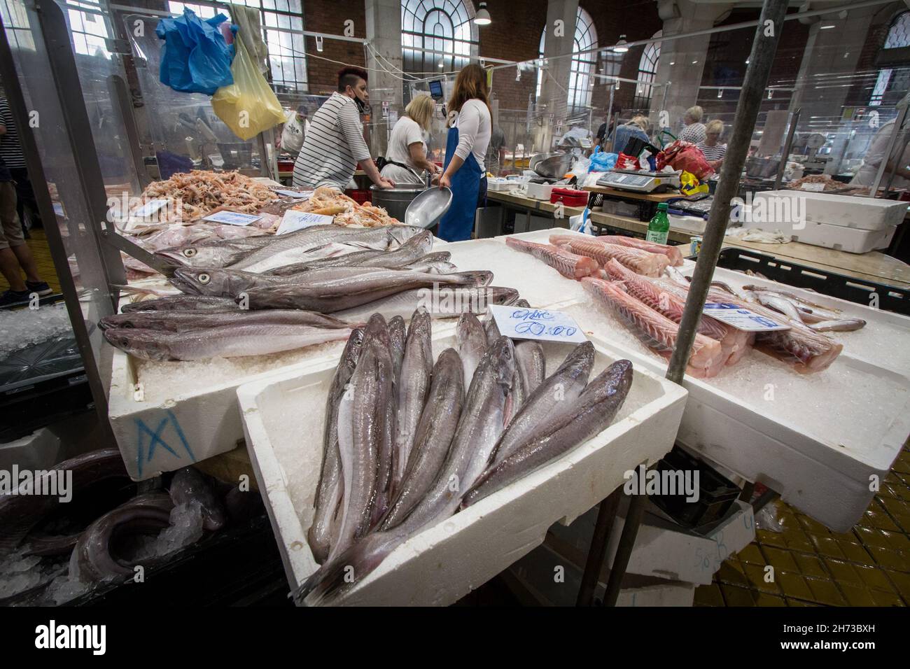 Bild von Fischen zum Verkauf an einem Stand in Rijeka Fischmarkt, auch bekannt als ribarnica rijeka. Das Gebäude ist ein wichtiges Wahrzeichen istriens und Rijekas. Stockfoto