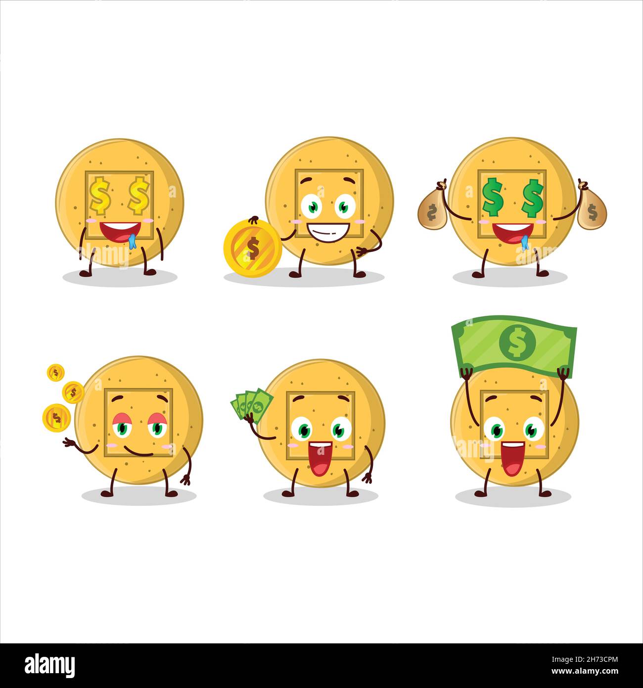 Dalgona Candy quadratische Cartoon-Figur mit niedlichen Emoticon bringen Geld. Vektorgrafik Stock Vektor