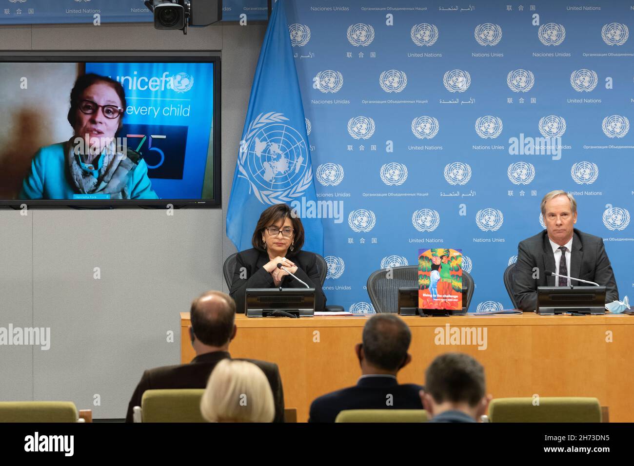 New York, NY - 19. November 2021: Henrietta Fore, Executive Director, United Nations Children's Fund, nahm an einer virtuellen Pressekonferenz Teil, bei der sie den Bericht „Rising to the Challenge“ von UN Women im UN-Hauptquartier vorstellte Stockfoto