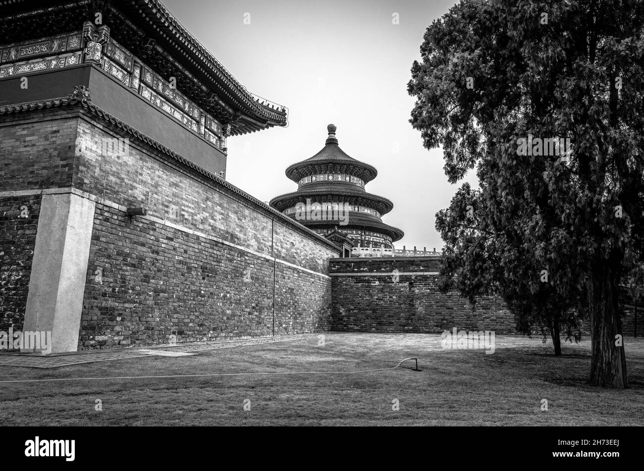 Himmelstempel im Bezirk Dongcheng in Peking, China. Schwarz und Weiß. Stockfoto