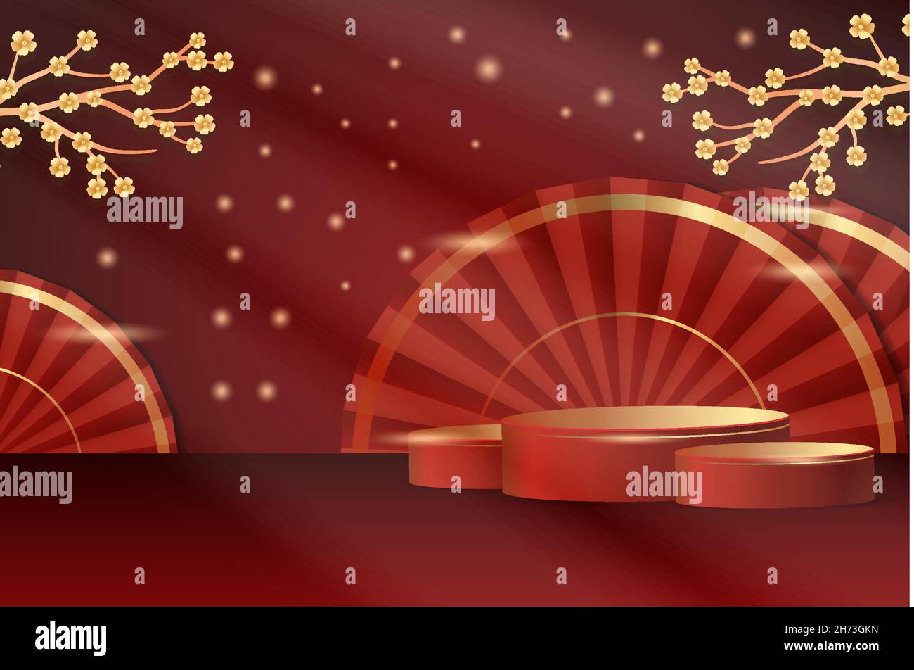 3D Podium chinesisches Neujahrsthema mit Lichteffekt. Podium 3D Objekt, Vektor Design Illustration Stock Vektor