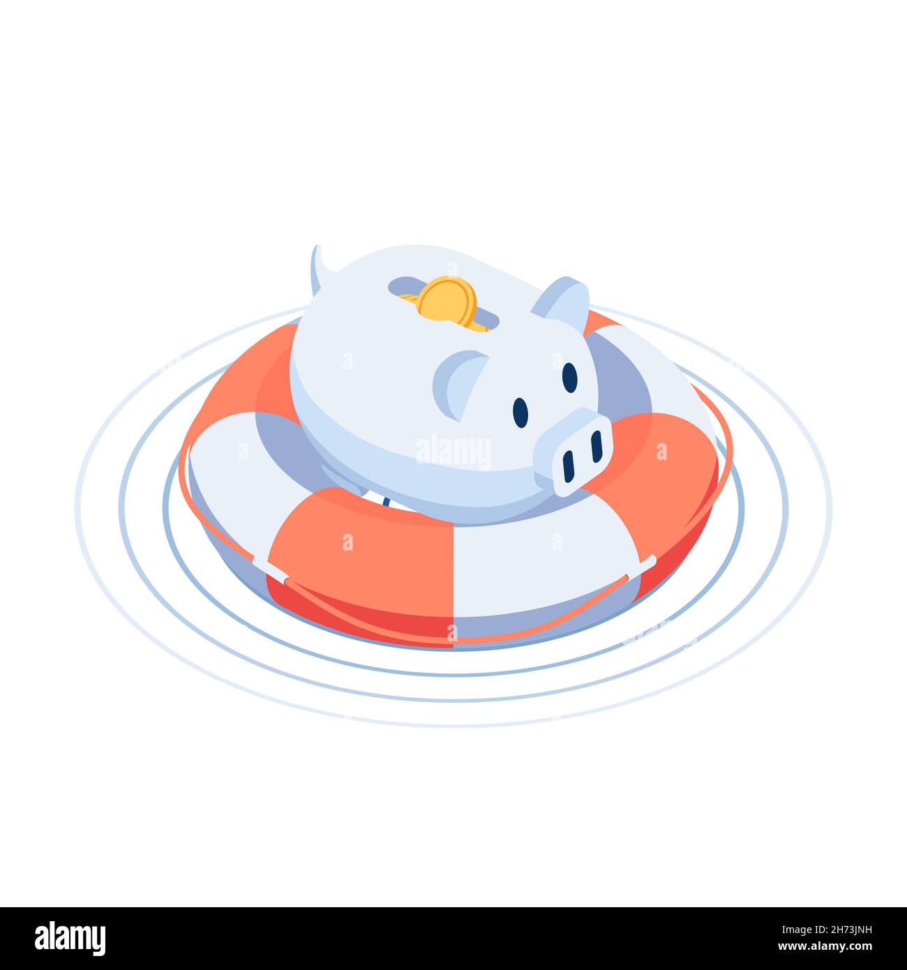 Flache 3D isometrische Schweinebank auf der Lifebuoy. Notfallfonds und Konzept der Finanzkrise. Stock Vektor
