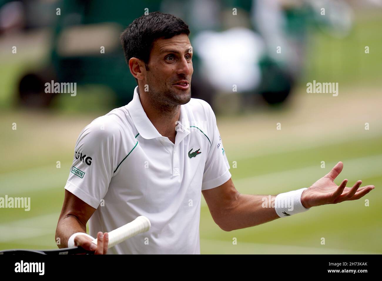 Datei Foto vom 11-07-2021 von Novak Djokovic, dessen Teilnahme an den Australian Open im Januar im Zweifel ist, nachdem Beamte bestätigt, dass alle Spieler geimpft werden müssen, um an dem Turnier teilzunehmen. Ausgabedatum: Samstag, 20. November 2021. Stockfoto