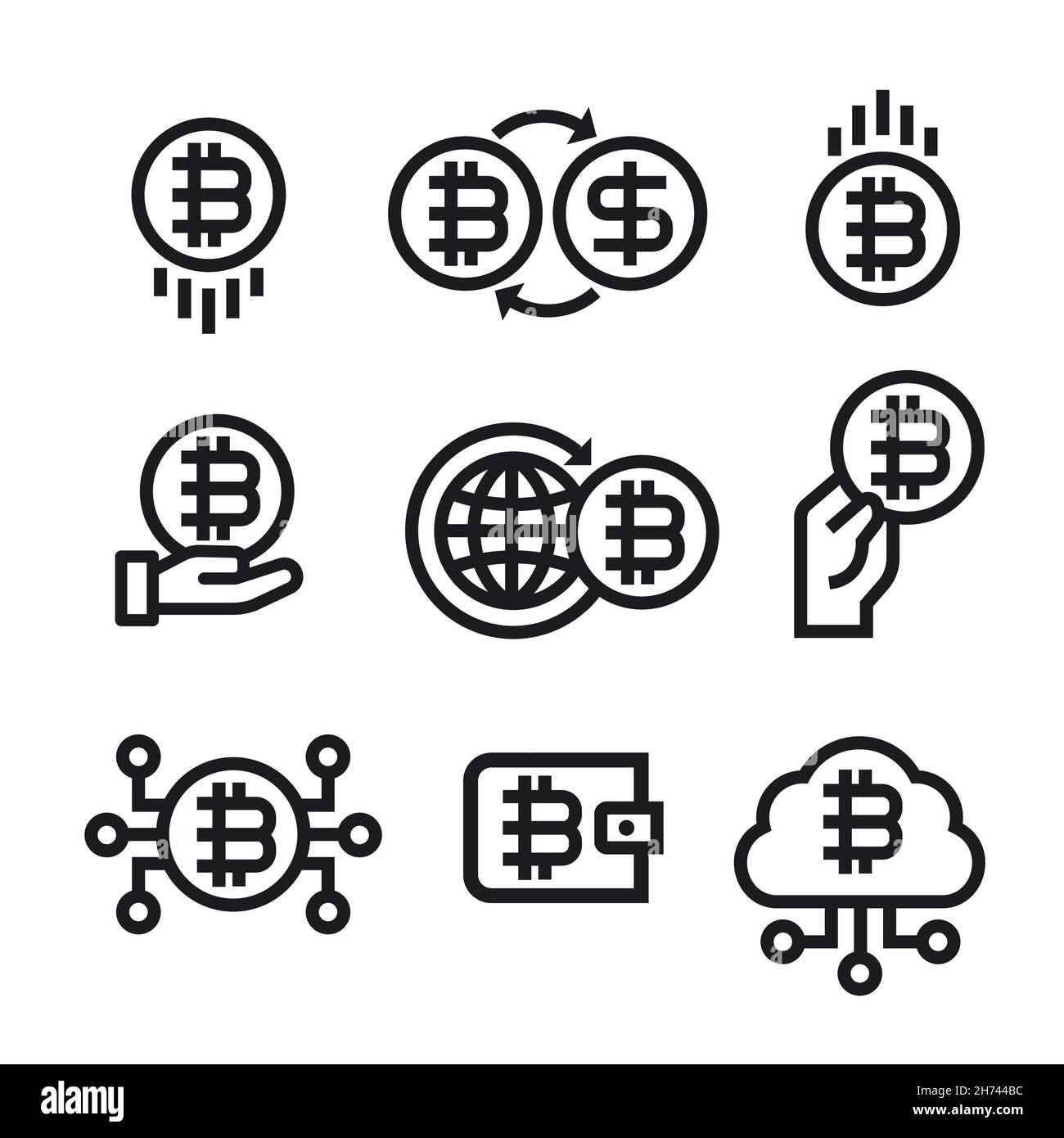 Abbildung des Symbolset für Blockchain und Kryptowährung Bitcoin Stock Vektor