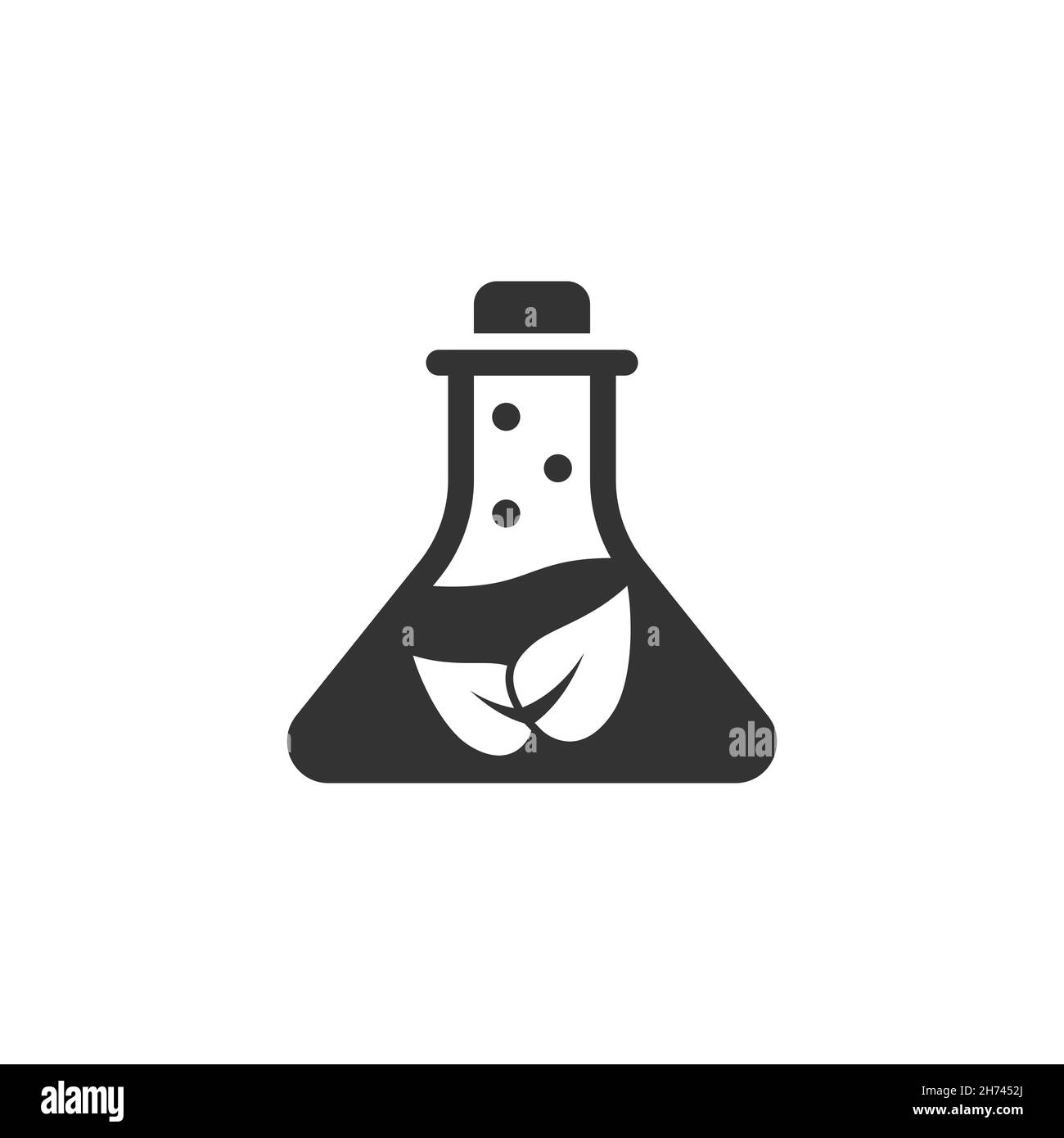 Chemieglas-Ikone in flachem Stil. Laborflasche mit Blattvektordarstellung auf weißem, isoliertem Hintergrund. Naturanalyse Zeichen Geschäftskonzept. Stock Vektor