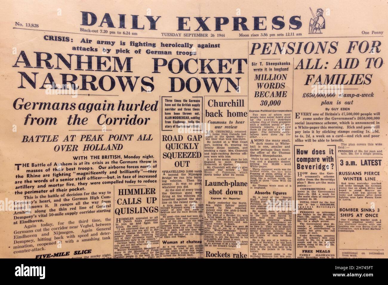 „Arnhem Pocket Narrows Down“ – Titelzeile des Daily Express am 26th. September 1944 während der Operation Market Garden. Stockfoto