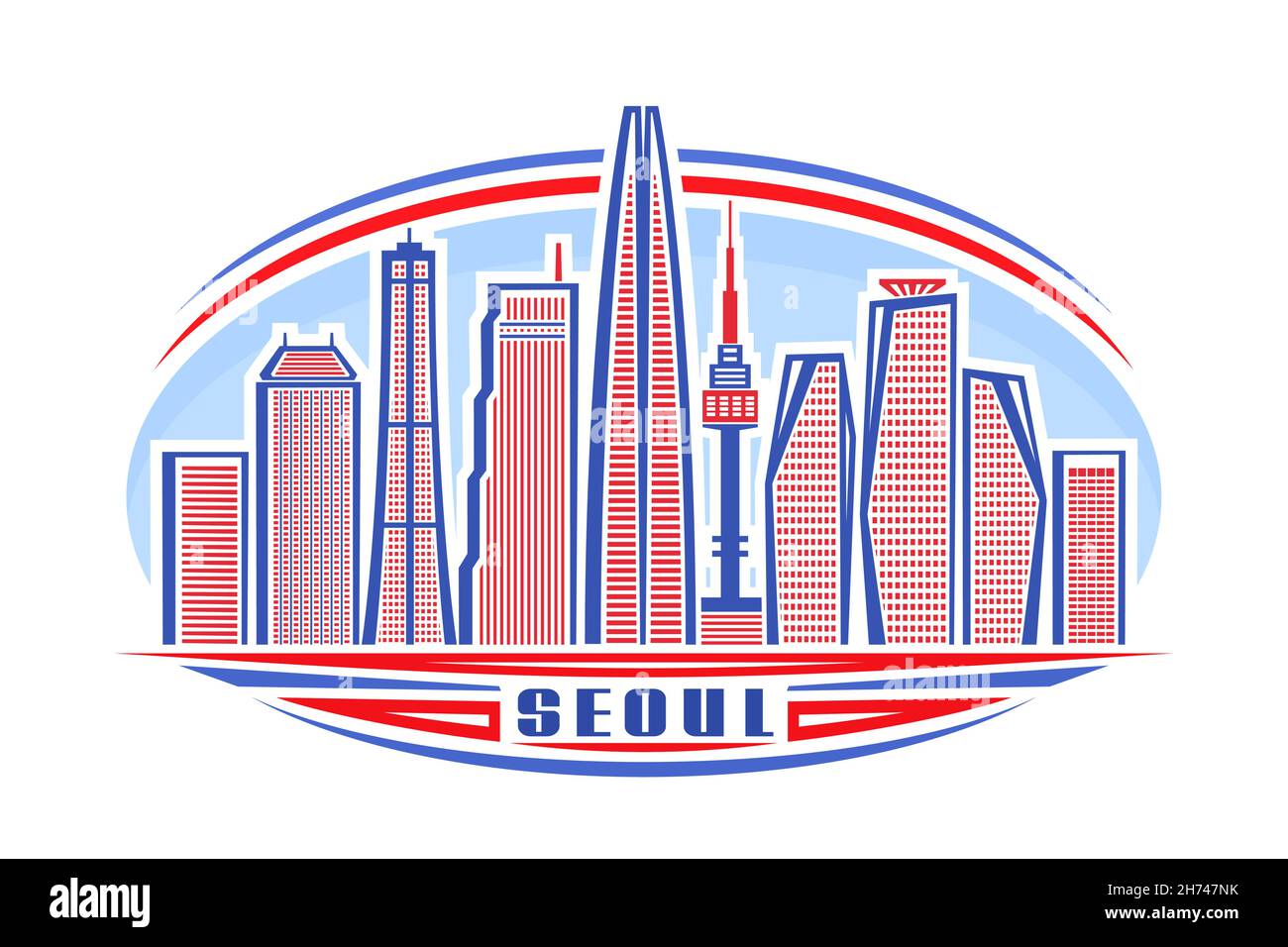 Vektor-Illustration von Seoul, horizontales Logo mit linearem Design berühmte seoul Stadtbild auf Tageshimmel Hintergrund, asiatische Urban Line Art-Konzept mit Deko Stock Vektor