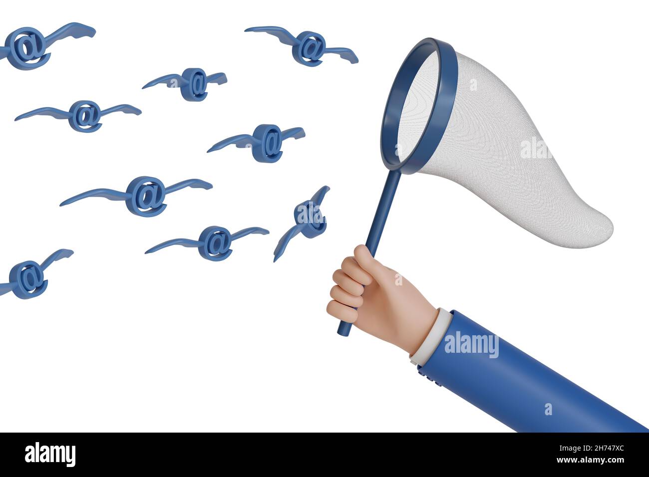 Cartoon Hand fangen fliegen an Symbolen. E-Mail-Marketing-Konzept. 3D Abbildung. Stockfoto