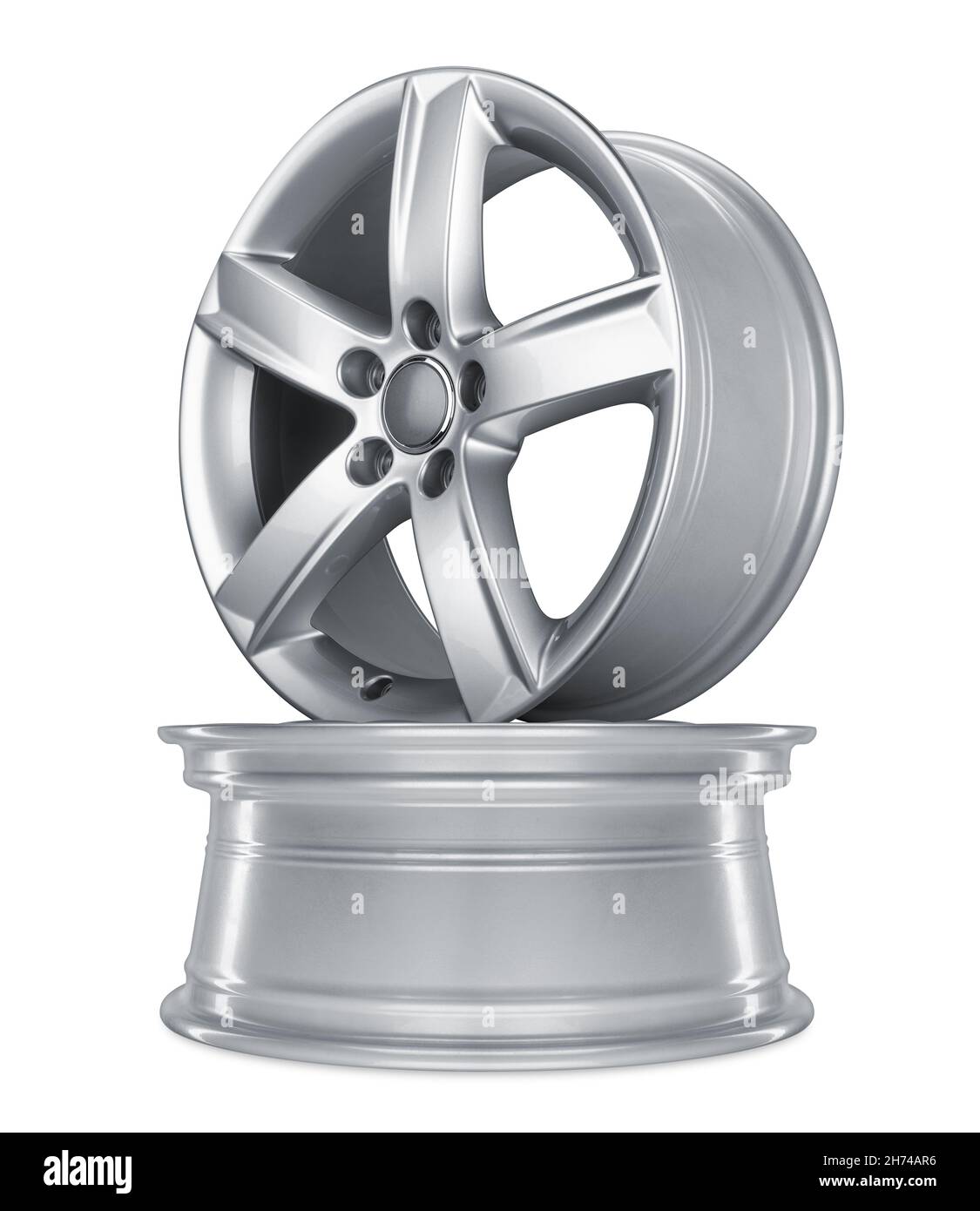Moderne glänzende Silber metallische Legierung Aluminium Auto Felgen Stack isoliert auf weißem Hintergrund. Automotive Teil indurstry Transportkonzept Stockfoto