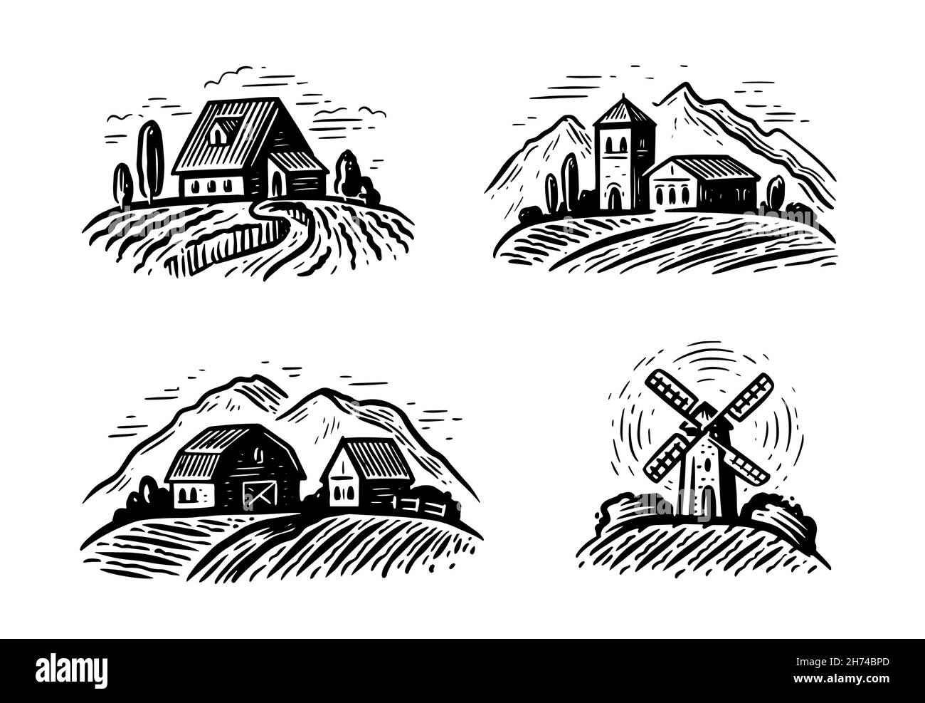 Ländliche Farmlandschaft gesetzt. Handgezeichnete Vektorgrafik. Emblem für Landwirtschaft und Landwirtschaft Stock Vektor