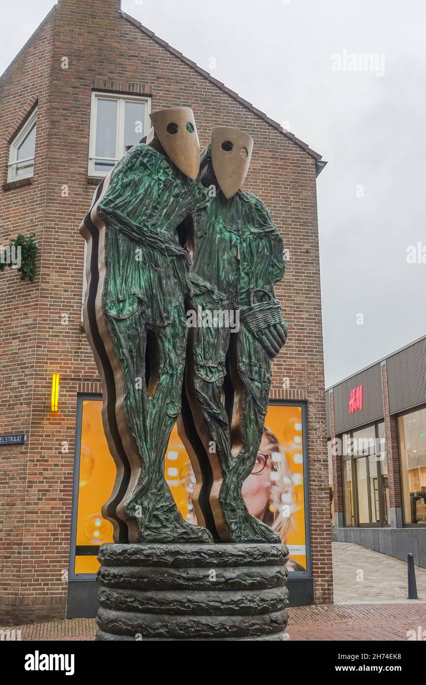 Karnevalsdenkmal, Bronze von Maskierten, Marotte Sittard, Limburg, Niederlande. Stockfoto