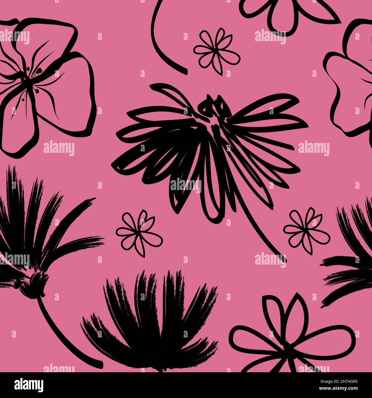 Pacific Pink Vektor nahtloses Muster mit abstrakter schwarzer Blume. Handgezeichnete Formen und Linienkunst Konturzeichnung, botanisches Element. Stock Vektor