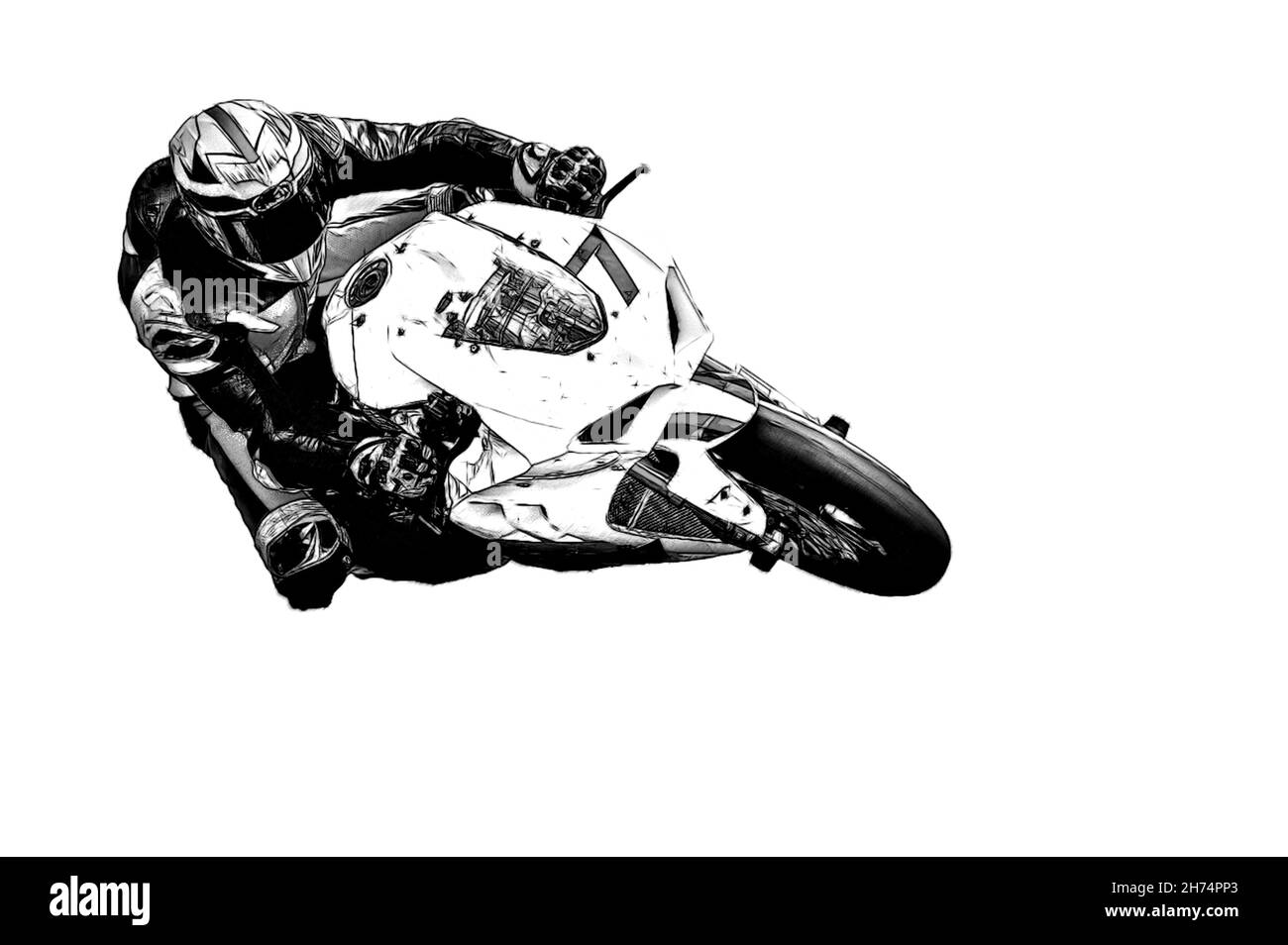 Racer auf ein sportliches Motorrad, weiß isoliert Hintergrund Stockfoto