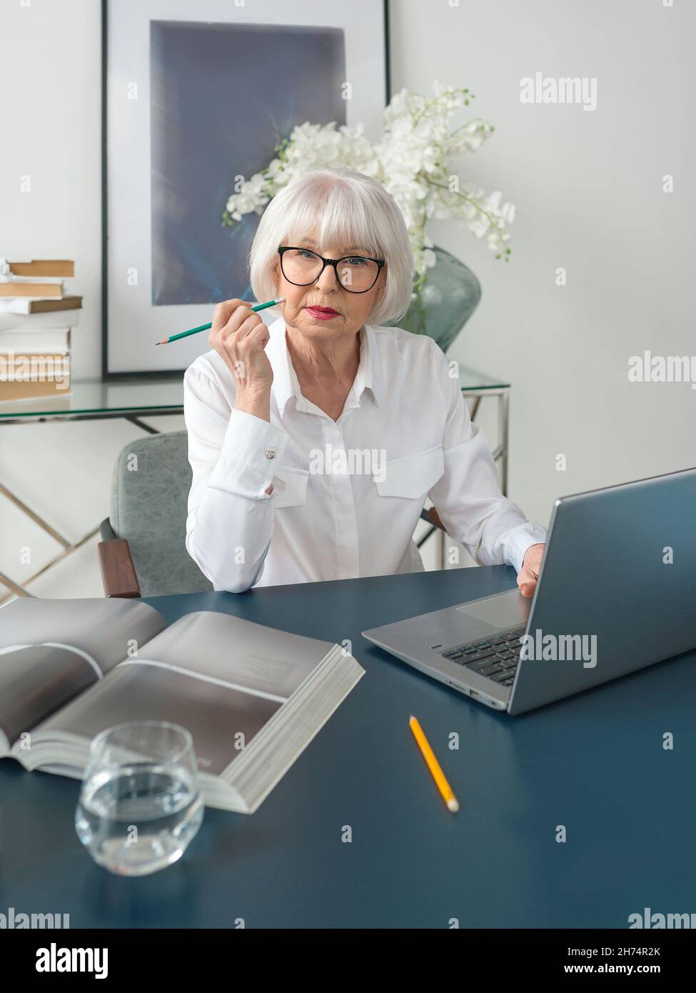 Ältere schöne graue Haare Frau in weißer Bluse Lesen von Dokumenten im Büro. Arbeit, Führungskräfte, Probleme, Lösungsfindung, Erlebniskonzept Stockfoto