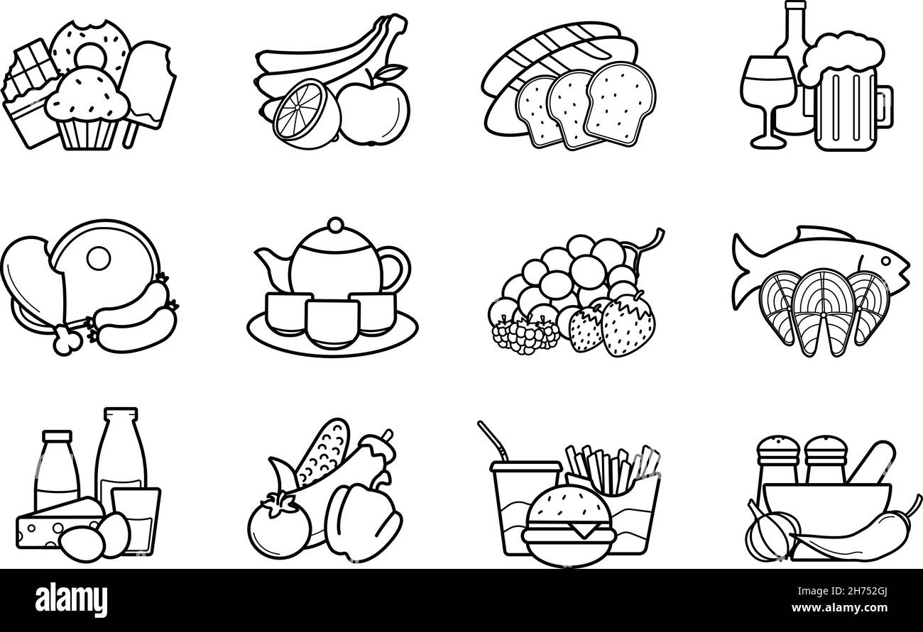 Lineare Symbole für Speisen und Getränke gesetzt Stock Vektor