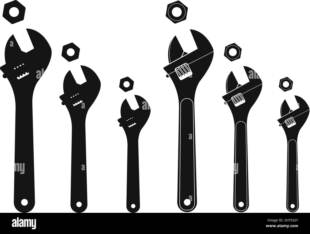 Satz mechanischer Schraubenschlüssel mit Muttern. Silhouetten Stock Vektor