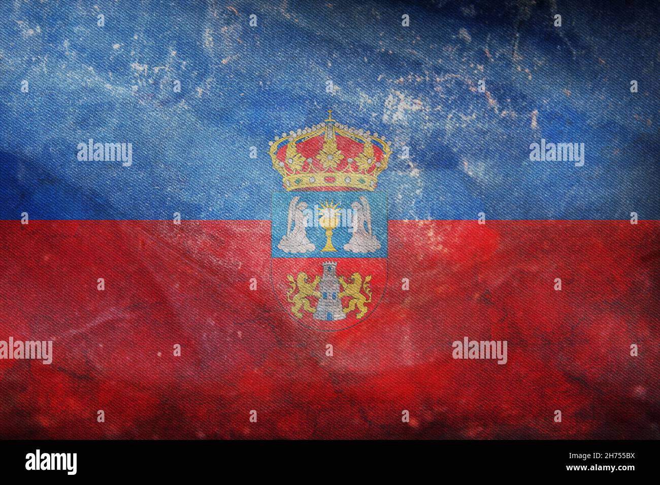 Draufsicht auf die Provinz Lugo mit der Retro-Flagge, Spanien mit Grunge-Textur. Spanische Reise und patriotische Konzept. Kein Fahnenmast. Layout der Ebenenkonstruktion. Hintergrund markieren Stockfoto