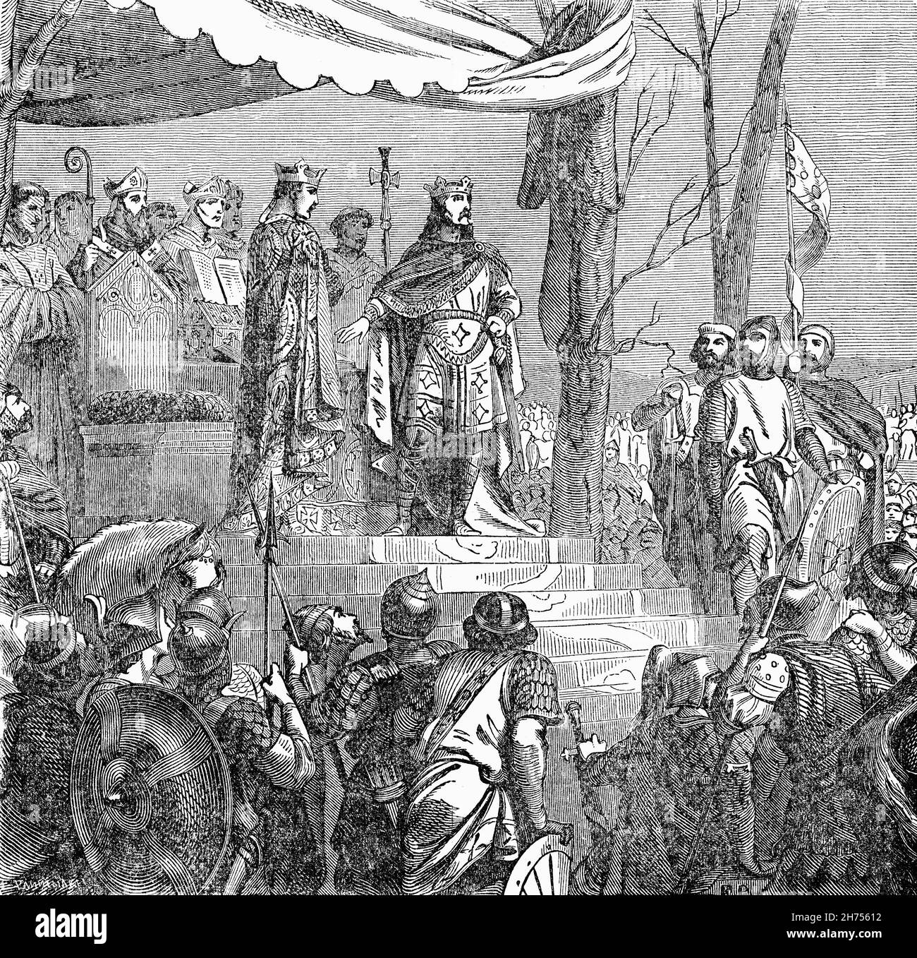Eine Illustration der Unterzeichnung des Vertrags von Verdun am 10. August 843 aus dem späten 19th. Jahrhundert, dem ersten der Verträge, die das karolingische Reich unter den drei überlebenden Söhnen Ludwigs des Frommen, des Sohnes Karls des Großen, in drei Königreiche teilten. Der in Verdun-sur-Meuse unterzeichnete Vertrag, der von den drei Brüdern Lothair, Ludwig dem Deutschen und Karl dem Kahlen unterzeichnet wurde, beendete den dreijährigen karolingischen Bürgerkrieg. Stockfoto