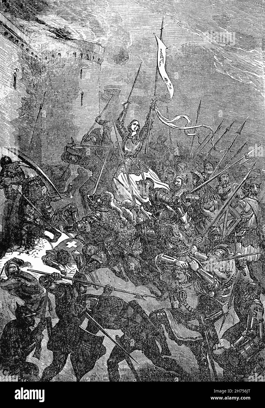 Eine Illustration von Jeanne d'Arc (1412-1431) aus dem späten 19th. Jahrhundert, alias „die Jungfrau von Orléans“, der französischen Heldin für ihre Rolle während des Hundertjährigen Krieges, für die sie später als heilige heilig gesprochen wurde. Joan sagte, dass sie Visionen von Heiligen sah, die sie anwiesen, Karl VII. Zu unterstützen und Frankreich von der englischen Herrschaft zu befreien. Würde der französische König Karl VII. Joan zur Belagerung von Orléans als Teil einer Hilfsarmee schicken, wonach die Belagerungsarmee nur neun Tage später aufgehoben wurde. Mehrere weitere schnelle Siege stärkte die französische Moral und ebneten den Weg für den endgültigen französischen Sieg in Castillon im Jahr 1453. Stockfoto