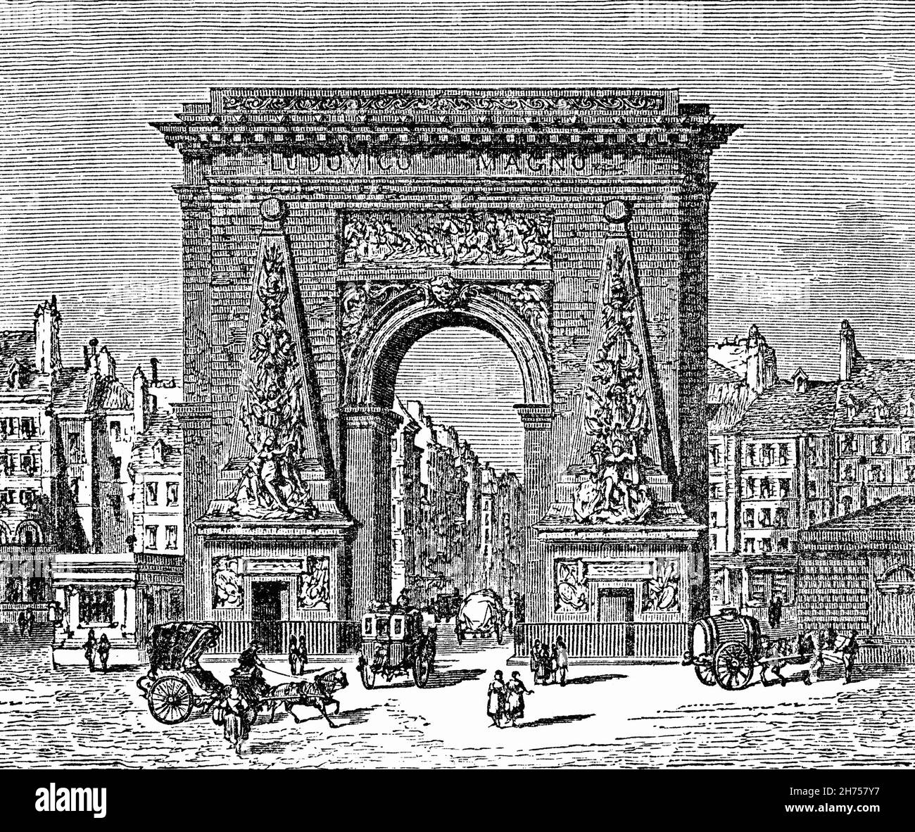 Eine Illustration der Porte Saint-Denis aus dem späten 19th. Jahrhundert, einem Pariser Denkmal im 10th. Arrondissement. Es war ursprünglich ein Tor durch die Mauer von Karl V., das zwischen 1356 und 1383 zum Schutz des rechten Pariser Ufers erbaut wurde. Stockfoto