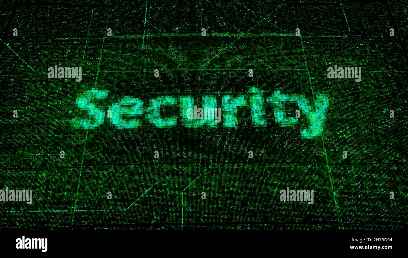 Abstrakter technologischer Hintergrund mit einem Wort Sicherheit, Konzept von Hacking und Cyber-Attacken. Animation. Visualisierung einer digitalen Computerschaltung b Stockfoto
