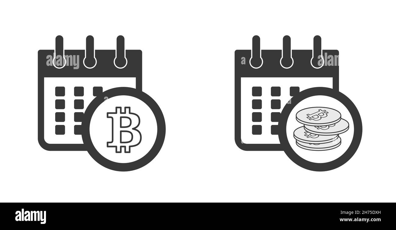 Kryptowährung im Kalender. Bitcoin-Symbole auf dem Kalender. Kalender Kryptowährungsfinanzierung Mahnungen. Kalender wichtige Tage. Kalender markieren. Stock Vektor