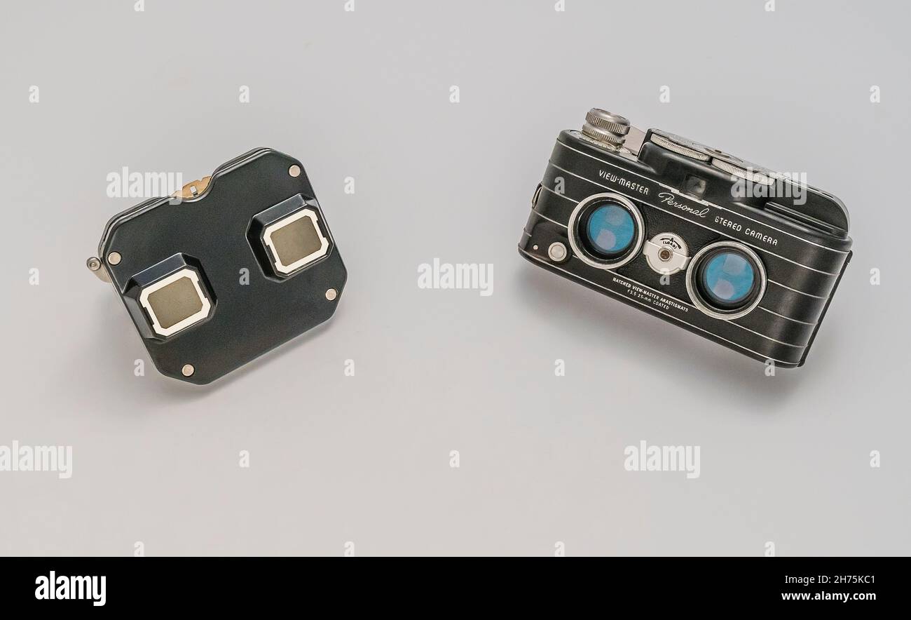 Das persönliche Stereokamerasystem View-Master, die 3D-Kamera und der Betrachter. Stockfoto