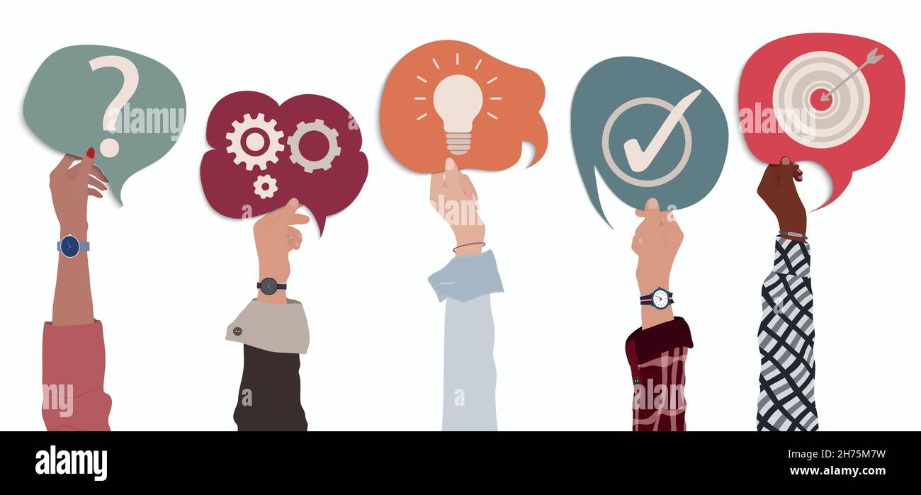 Herausforderung und Auswahlstrategie Metapher für die Lösung von Problemen. Team multiethnischer Geschäftsleute mit erhobenen Armen, die Sprechblase in der Hand halten Stock Vektor