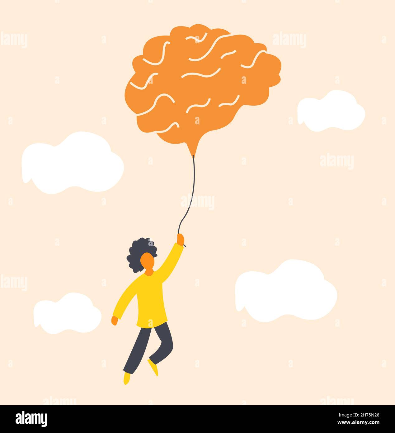 Illustration zum Thema psychische Gesundheit, ein Junge, der mit einem großen Ballon in Gehirnform am Himmel fliegt, der die Bedeutung von Entspannung und Meditation symbolisiert Stock Vektor