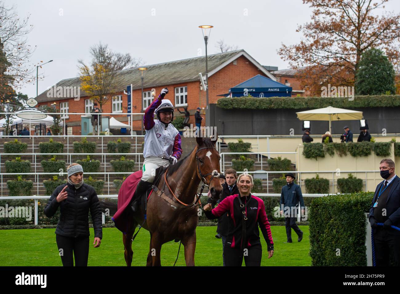 Ascot, Bergen, Großbritannien. 20th. November 2021. Jockey Bryony Frost auf Pferd Jeremy Pass Gewinner des Ebony Horse Club Novices „Limited Handicap Steeple Chase. Besitzer John und Jess Dance. Trainer Paul Nicholls, Ditcheat. Züchter D J Fitzpatrick. Sponsor Von Vertem Asset Management. Quelle: Maureen McLean/Alamy Live News Stockfoto