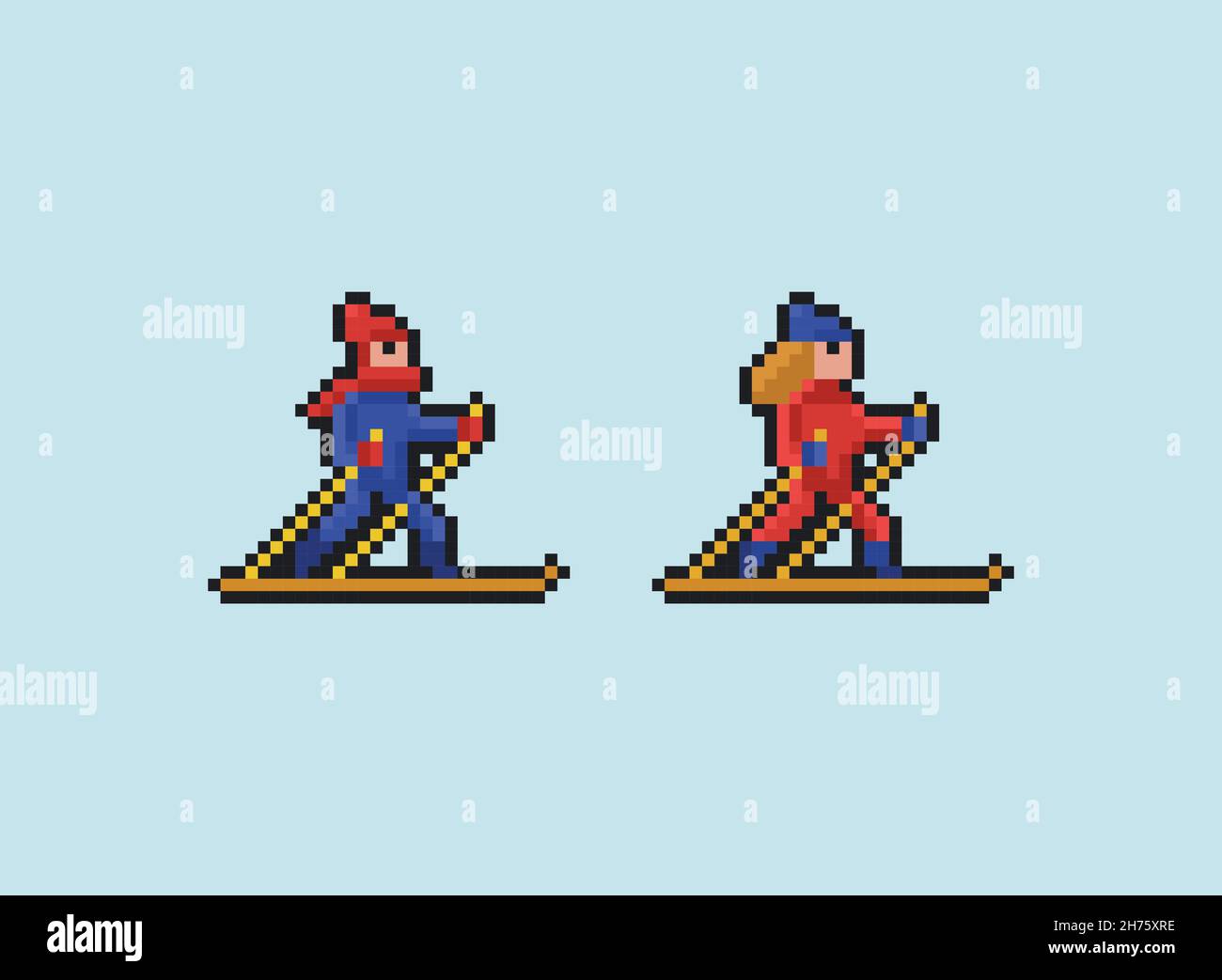 Pixel Art Vektor 8 Bit Illustration - Mann und Frau in Sportjacken Skifahren auf hellblauem Hintergrund Stock Vektor