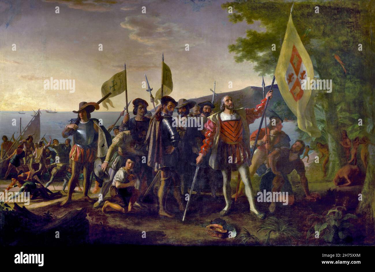 Christopher Columbus wird dargestellt, wie er am 12. Oktober in Westindien auf einer Insel landete, die die Einheimischen Guanahani nannten und den er San Salvador nannte. Stockfoto