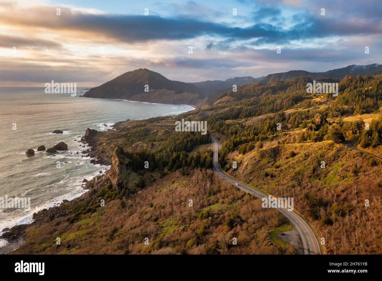 Malerischer Autoreise Reise Oregon Coast Highway, Luftbild Stockfoto
