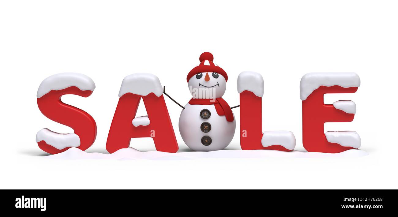 Weihnachtsangebot Banner mit niedlichen Schneemann. Weißer Hintergrund mit Beschneidungspfad. 3D Bild Stockfoto