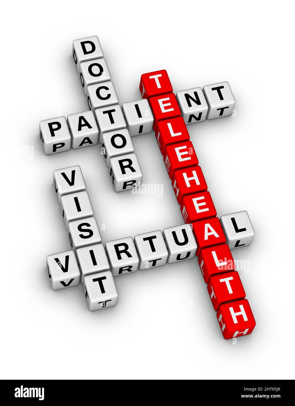Virtueller Besuch Telemedizin Arzt und Patient. Hochwertiges 3D Kreuzworträtsel auf weißem Hintergrund. Stockfoto