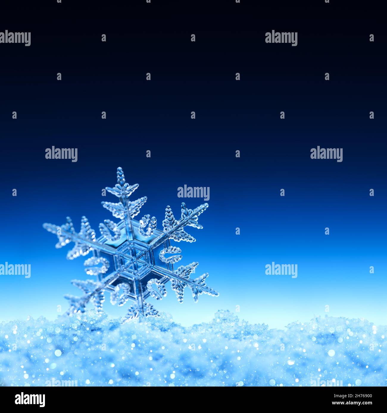Klarer Schneeflockenkristall auf glitzerndem Schnee. Kalt- oder Winterzeitkonzept. Stockfoto