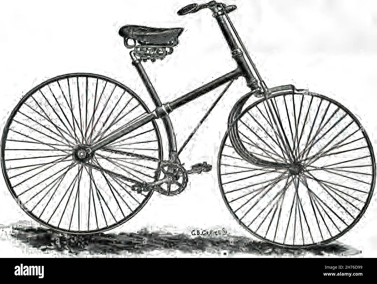 Eine schwarze Vintage-Illustration aus dem 19th. Jahrhundert eines Fahrrads auf weißem Hintergrund Stockfoto
