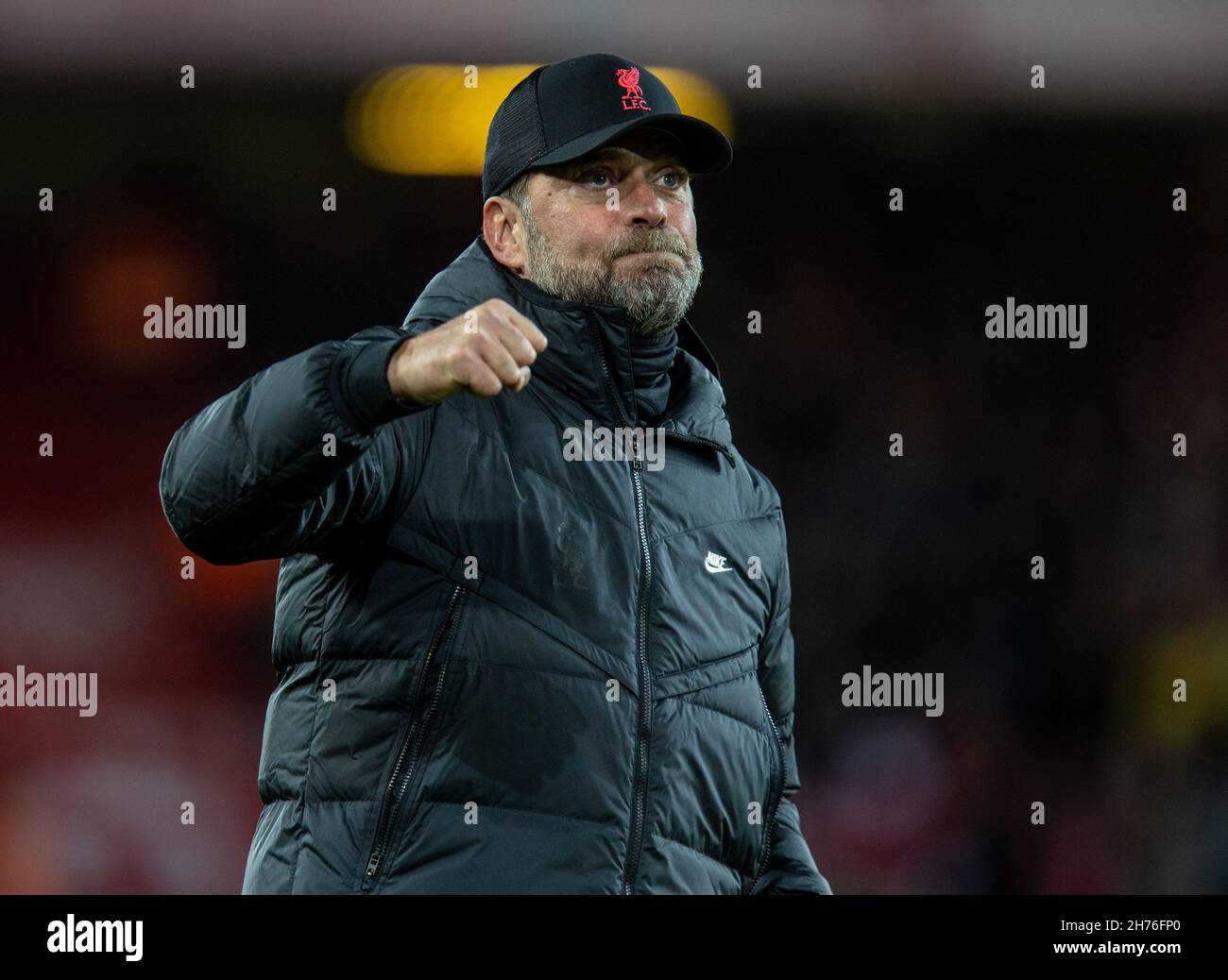 Liverpool. 21st. November 2021. Liverpools Manager Jürgen Klopp feiert am 20. November 2021 das Spiel der englischen Premier League zwischen Liverpool und Arsenal in Liverpool, Großbritannien. Liverpool gewann 4:0. Quelle: Xinhua/Alamy Live News Stockfoto