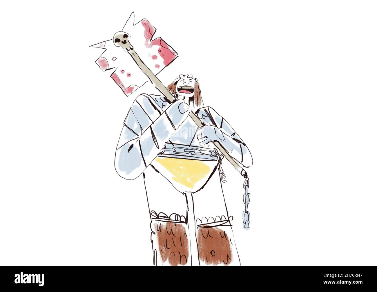 Urkomisch barbarisch halten riesige Äxte mit Blut. Barbarisch in Rollenspielen, rpg Aquarell Skizze, Cartoon und Streifen. Ästhetische Grafik mit inten Stockfoto