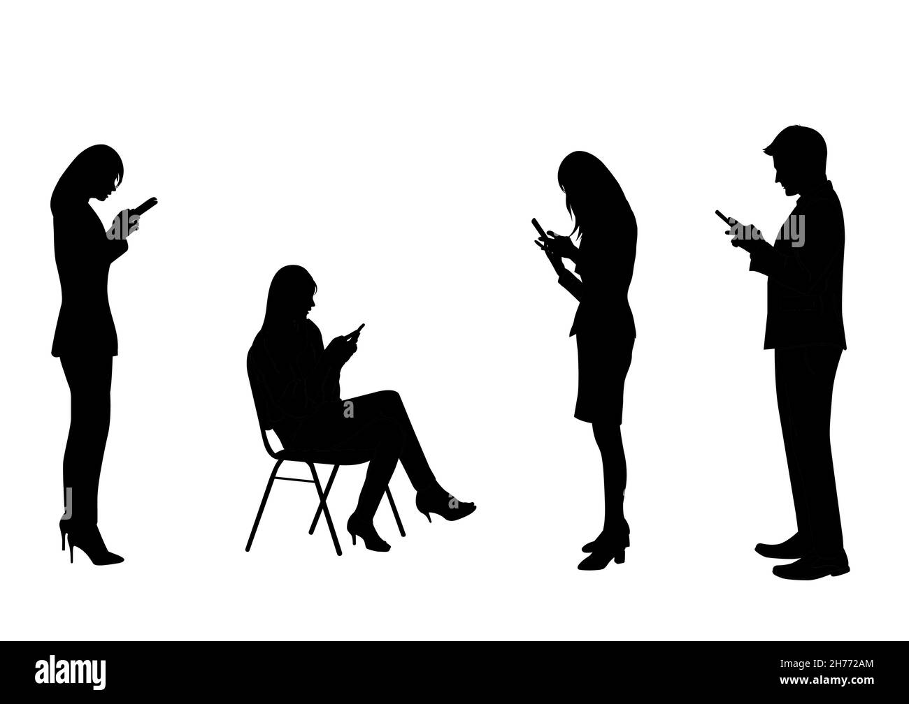 Grafik Silhouette Business Frau und Mann halten Smartphone für die Verbindung durch Technologie Vektor Illustration Stock Vektor