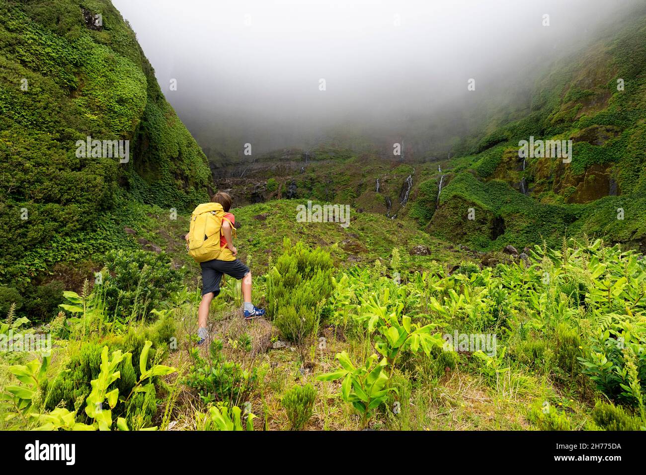 Junge mit Rucksack beim Wandern zum Wasserfall Ribeira grande. Flores, Azoren, Portugal Stockfoto