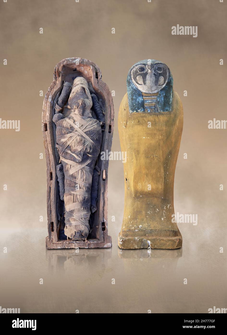 Römische ägyptische Falkenmummi, ca. 1-2nd Cent n. Chr., Tehneh-Achoris. Museum der Schönen Künste Lyon Inv G218 und G217. Falcon Sarg mit einer gefälschten Mumie o Stockfoto