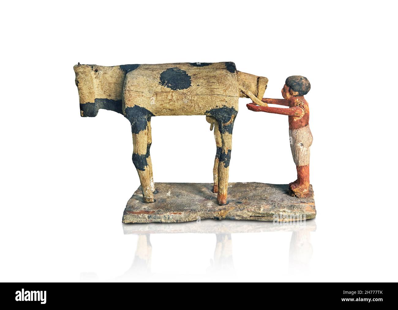 Altes ägyptisches Holzgrabmodell einer kalbenden Kuh, 1900-1786 v. Chr., 12th Dynastie, Asyut. Museum der Schönen Künste von Lyon Inv 1969-409. Lackiertes Unterhorn wo Stockfoto